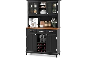 GIANTEX Armario de Almacenamiento para Cocina, con 3 Cajones y Estantes para Vino, Tablero Amplio, 112 x 43 x 184,5 cm, Alacena con Puertas, Aparador Buffet para Cocina, Comedor (Negro)