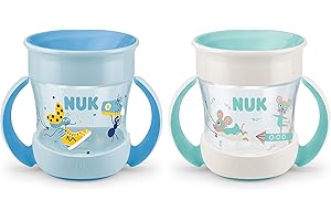 NUK Mini Magic Cup Tasse antifuite | Rebord antifuite 360° | À partir de 6 mois | Poignées ergonomiques | Sans bisphénol A | 160 ml | Bleu et turquoise | Lot de 2