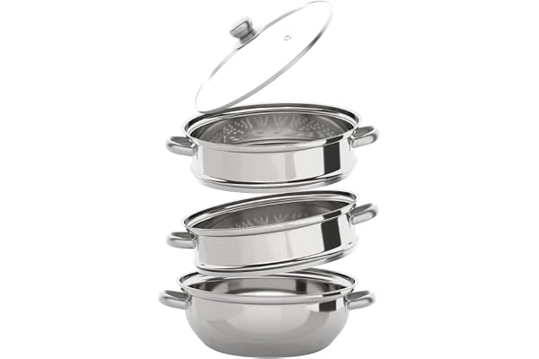 Cuiseur vapeur, à 3 couches, en acier inoxydable, empilable, avec couvercle en verre transparent et poignées, pour cuisinières à induction, cuisinières à gaz, 28 cm