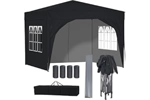 BIRCHTREE Pop Up Gazebo with Sides, 3m x 3m Waterproof with 2 Free Weather Support Beams 4 Gazebo Weight Bags. Garden Canopy Outdoor, Party Tent, 260g Polyester Powder Coated Steel Frame.