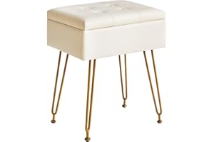 IBUYKE Multifunzionale Stoccaggio Vanity Sgabello con Flip Table, Gambe in Metallo Regolabili & Pelle PU - 40x30x48cm Poggiapiedi ottomano per Trucco, Soggiorno, Ingresso Bianco WBD014W