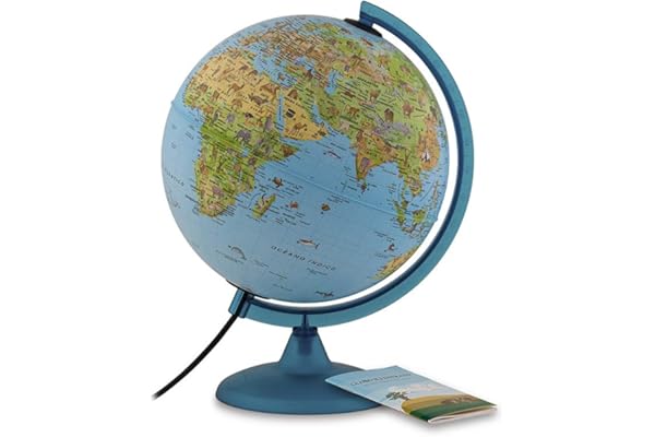 Tecnodidattica - Globo Terráqueo Safari para Niños y Adolescentes | Iluminado y giratorio | Cartografía ilustrada y folleto con Información | Meridiano graduado | Texto en Español | Diámetro 25 cm