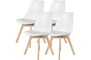 ‎SWEETCRISPY Sweetcrispy 4er Küchenstuhl Mid Century Moderne Stühle PU Leder Polsterstühle mit Holzbeinen Küchen-& Esszimmerstühle, Kautschukholz, Weiß, 4 Set