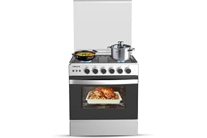 Nikai 60X60cm 4 Burner Full Safety Freestanding Gas Cooker, Auto Ignition, Double Glass Oven Door for Close Door Grilling with Turnspit, Glass Lid & Oven Lamp, St. Steel Finish - U6068FSE1 (Silver)