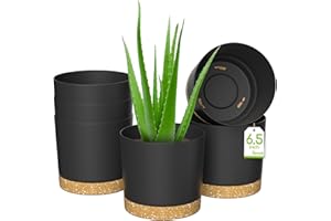 ZMTECH 16.5cm Plant Pots, Modern Planters with Drainage Holes and Detachable Saucer, Plastic Flower Pots for Plants for House Garden Windowsill (Set of 6, Dark Grey)