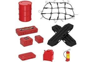 EPINON 1/24 RC Crawler Accessories Car Roof Decoration Luggage Net, Recovery Board, Oil Drum, Fire Extinguisher, Toolbox for 1/16 1/18 TRX4M 1/24 Axial SCX24 FMS RGT RC Crawler Upgrade Parts (Red)