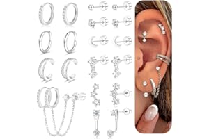 Roheafer Small Gold Hoop Studs Earring Sets for Women, 14K Gold Plated Huggie Hoop Earrings, Surgical Steel Flat Back Earring Studs, Stackable Cartilage Flatback Earring Stacks for Multiple Piercing