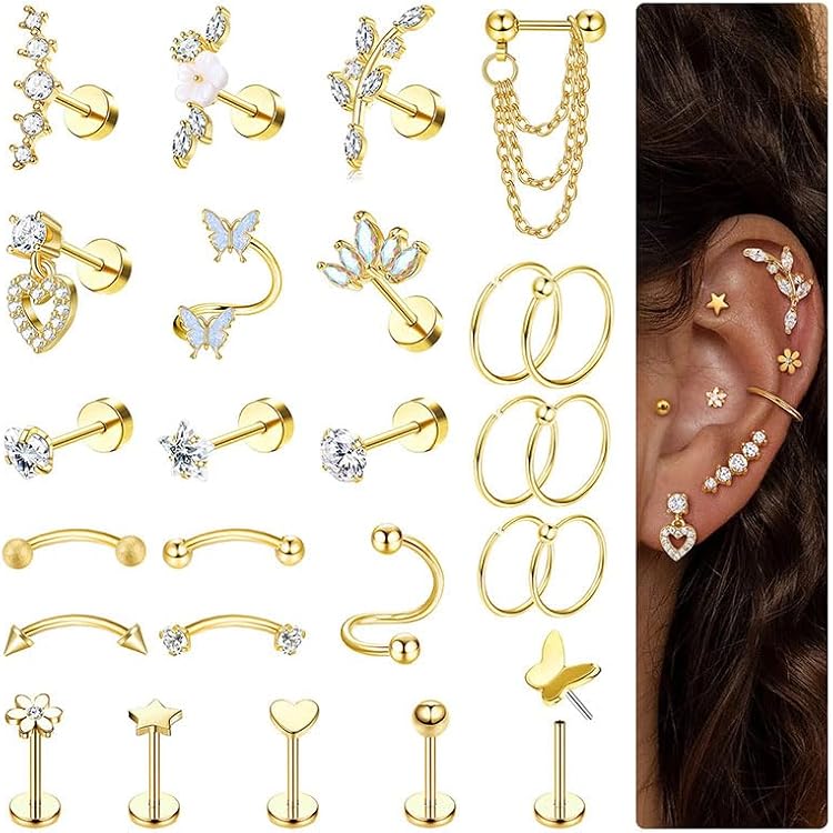 Chriscoco 24 stuks 16G tragus piercing sieraden roestvrij staal kraakbeen oorbellen neusring septum ring labret lip conch tragus hoepel stud oorbel sets voor meerdere piercings helix piercing Chriscoco 24 stuks 16G tragus piercing sieraden roestvrij staal kraakbeen oorbellen neusring septum ring labret lip conch tragus hoepel stud oorbel sets voor meerdere piercings helix piercing