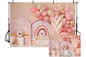 MEHOFOND 7x5ft Pink Girl 1st Birthday Photography Backdrop Bohemia Theme Balloons Rainbow Child Portrait Photo Studio Props Boho Party Decoration Cake Smash Background Banner Supplies