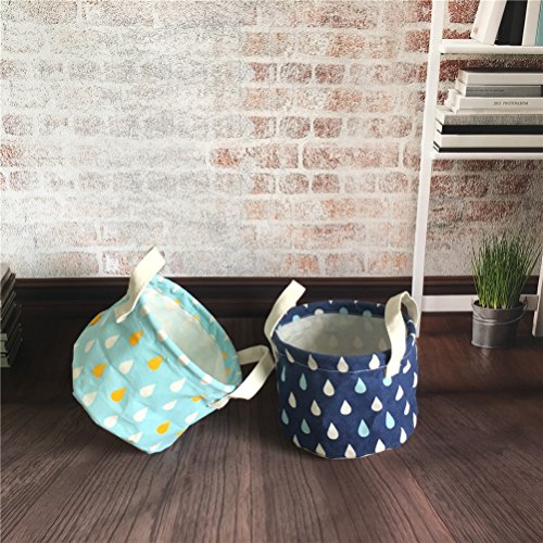 Inwagui Baumwolle 2-er Set Aufbewahrungskörbe Runde Spielzeugkiste Wasserdicht Aufbewahrungskiste für Schreibwaren Kosmetik Organisation – Regentropfen - 6