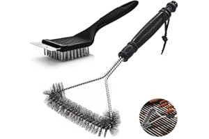 MKEMKA BBQ Cleaning Wire Brush BBQ Cleaner Grill Brush 2Pcs Stainless Steel Barbecue Bristles Cleaner Triangle Metal BBQ Grill Brush with Metal Scraper Grill Grate Cleaner Tool for All Kinds of Grills