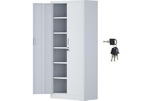 iJINGUR Metal Storage Cupboard with Locking Doors and 5 Adjustable Shelves, Lockable Steel Storage Cabinet for Home Office Garage Kitchen Pantry (White)