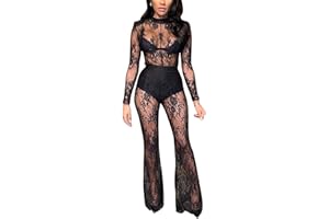 SOMTHRON Tuta sexy da donna in rete Sheer See Through, a maniche lunghe, con collo floreale, in pizzo