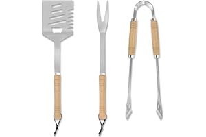 ‎TNTOR TNTOR 3 teilig BBQ Grillbesteck Set, Barbecue Tool Set mit Grillzange, 4 in1 Spatula（Pfannenwender, Schaber, Fleischsäge, Flaschenöffner），Fleischgabel, aus Holz und Edelstahl