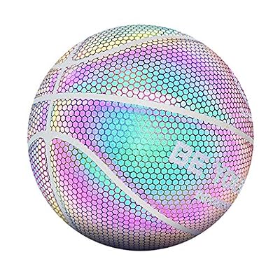 KLVOE Noctilucent Holographique Basketball - Cuir Brillant Absorbant Fait à la Main, Idéal pour Les Jeux de Nuit-Cadeaux de Ballon de Rue pour Enfants et Garçons-Taille et Poids Officiels (A)