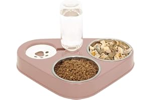 AUVSTAR Rostfreier Stahl Doppelnapf Katzen,3 in 1 Futternapf Katzen,Katzenfutternäpfe Hoch mit Automatischem Wasserspender,Doppelter Futternapf Kleine und Mittlere Katzen und Hunde (Rosa)