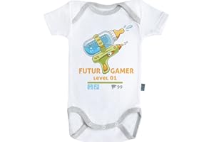 Baby Geek Futur Gamer lvl 1 - Body Bébé Manches Courtes - Coton - Blanc - Coutures Grises