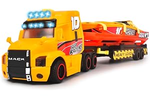Dickie Toys – Sea Race Truck – Tung transport, stor lastbil med släp och båt, med ljus och ljud, leksak för barn från 3 år, 2