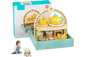 FENYW Teeservice Kinder Holz Set, Holz-Kinder-Tee-Set Spielzeug, Teeset aus Holz Teeparty Spielküche Rollenspiele, Kinderküche Zubehör Geschenk für Jungen Mädchen ab 3 Jahre 14-teilig