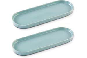 COSYCORNER Ceramic Sink Tray, Bathroom Counter Tray, Bathtub Tray, Cosmetics Dish, Candle Tray, Perfume Shampoo Liquid Soap Tray Simple Style Design Suit for Bathroom and Kitchen (2pcs Blue)