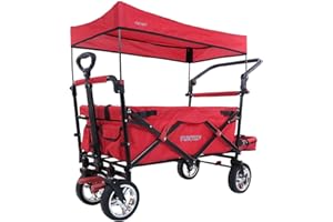 FUXTEC CT800 Red Folding Wagon for Kids to Sit In – Stroller-Style Hand Cart with Roof, Front & Rear Wheel Brakes, Solid Rubber Tyres & Interior Extension for Extra Legroom