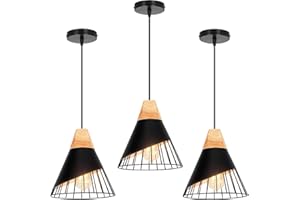 TOKIUS Lot de 3 Suspensions Luminaires Modernes Industrielles Bois Lustre Abat-jour Métal Vintage forme Cage Ø25cm Plafonnier E27 Design pour Cuisine Chambre Salon