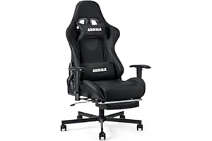 Asukale Gaming Stuhl mit Fußstütze, Ergonomischer Gaming Sessel, Gamer Racing Stuhl, Gaming Chair mit Liegefunktion, Verstellbare Armlehne, Kopfstütze, Lendenkissen, bis 150kg belastbar, Schwarz