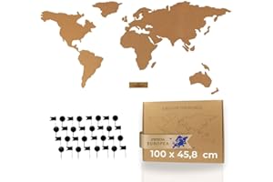 Tripvea - Mappa Mondo da Parete in Sughero | Planisfero Murale 100x46 cm – Mappa del Mondo Gigante per Segnare Viaggi, Foto e Ricordi con 50 Puntine, Design Vintage & Naturale