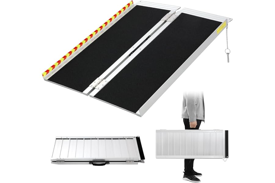 Wheelchair Ramp,91.5cm Folding Portable Aluminum Ramp, 362kg Capacity,with Transition Plate and Reflective Warning Stickers, for Wheelchair Scooters Power Chairs Walkers Metallic
