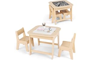 GYMAX Kids Table and Chair Set, Children Activity Desk with Removable Blackboard/Whiteboard Tabletop & Hidden Storage Space, Wooden Toddler Furniture Set for Drawing Playing Learning (Natural)