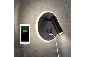 TWSXTE Applique da comodino orientabile Porta di Ricarica USB Lampada da Parete camera da letto Faretto da camera da letto luce per la lettura 3000K (3W + 9W)