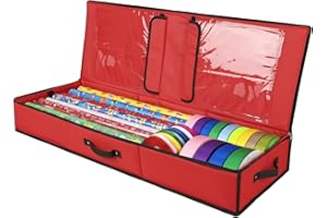 Wrapping Paper Organizer - Rectangular Red Gift Wrap Box with Zipper, Handles & Pockets - Holds 24-30 Rolls & Accessories - Durable, Foldable Holiday & Birthday Wrap Storage Solution - by Mobi Lock