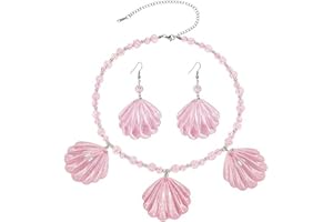Bcenoilua Pink Shell Necklace Earrings Set for Women Shell Beaded Choker Adjustable Necklace Pendant Earrings Costume Accessories Jewelry Girl Statement Dainty Elegant Acrylic