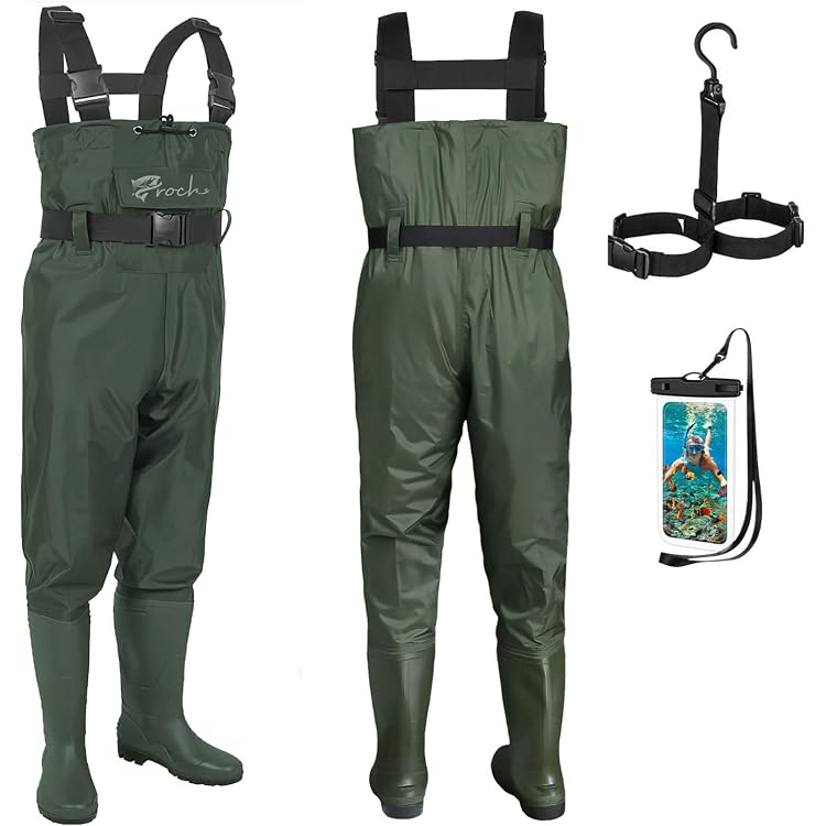 Produktbild von ENJOHOS Latzhose Mit Stiefeln/Overknee-Stiefeln, Verdickt, Zum Angeln, Crosswater, 100% Wasserdicht, Langlebig, Aus PVC, Nylon, Mit H-Träger, Tasche Für Angler, Männer Und Frauen, Größe EU 41 Bis 44