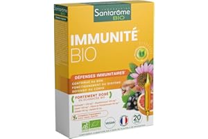 Santarome Bio - Immunité Bio | Complément Alimentaire Immunité | Booste les Défenses Immunitaires - Plantes Bio - Echinacée, Éleuthérocoque, Shiitaké, Maïtaké | 20 Ampoules | Made In France | Végan
