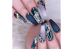 Brishow Trumna sztuczne paznokcie stras naciśnij na paznokcie niebieski marmur kij na paznokcie balerina akrylowe długie sztuczne paznokcie 24 szt. dla kobiet i dziewcząt