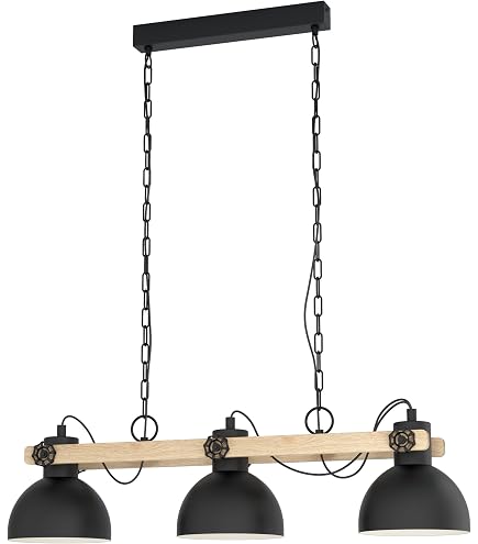 Eglo Lampada A Sospensione Oldbury, Design Industrial 3 Luci, Acciaio Nero E Legno FSC, 118 Cm