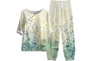 HAOLEI Set Lino Estivo Tuta Donna Completa Camicia Per Anziani E Mezza Età Old Lady Top Con Maniche a Sette Punti E Completo Di Pantaloni Tuta Elegante Donna Moda Stampato Curvy Casual Leggera Confortevole