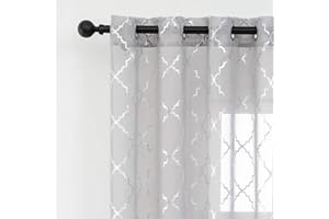 Kotile Grey Curtains 66 x 54 Inch Drop - Silver Moroccan Voile Curtains for Bedroom, Semi Transparent Sheer Eyelet Privacy Voile Curtain, 2 Panels, Gray Silver