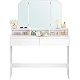 VASAGLE RDT115W01 Modern 2 Drawer 3 Open Compartment Makeup Vanity Table with Folding Mirror - Cloud White