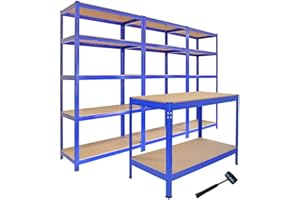 Monster Racking - 3 Rayonnages T-Rax Bleus de 90cm et 1 Établi Q-Rax Bleu de 120cm en Acier Sans Boulons