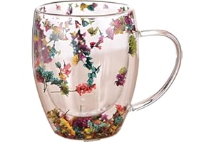 OLDMOOM 350ml Tasse en Verre à Double paroi, Tasse à café isolée de Fleurs séchées avec poignée, Tasses à Fleurs séchées isolées résistantes à la Chaleur, Tasses à café en Verre avec poignée Anti-brûlure