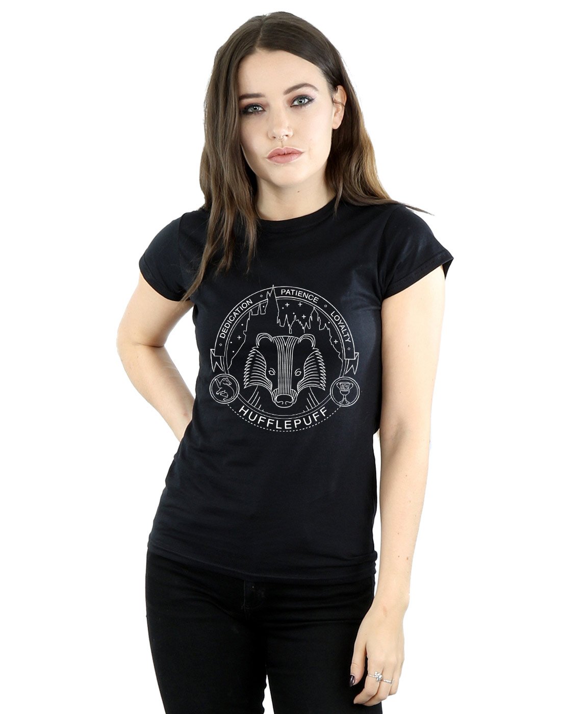 Absolute-Cult-Harry-Potter-Damen-Hufflepuff-Seal-T-Shirt-Schwarz-Large