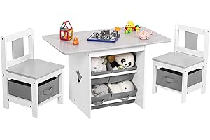 Yorbay Kindertisch mit 2 Stühle, Kinderaktivitätstisch mit Stauraum, 3tlg Kindersitzgruppe, Sitzgruppe für Kinder, Maltisch für Kinderzimmer, Spielzimmer, Vorschüler, Kindermöbel (Grau)