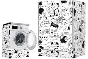 Odot Funda Lavadora Exterior Impermeable, Universal Cubierta para Lavadora y Secadora Carga Frontal, Funda de Protección Solar Antipolvo con Cremallera (M-Capacidad 8~10 kg,Gato Rayado)