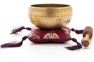 KLANGSCHALEN-CENTER Singing Bowl in Hammered Antique Look Including Accessories Purple Cushion and a Wood/Leather Striker -5062 for School, Nursery, Yoga