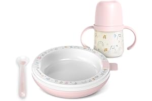 Suavinex, Set pappa calda con Piatto Termico, tiene caldo il cibo: cucchiaio in silicone + tazza con manici e beccuccio in silicone + piatto termico, +6 mesi, My Family Rosa