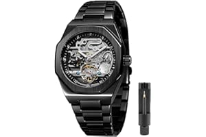 Tiong Montre pour Homme Montres Automatiques Montre-Bracelet Lumineuse MéCanique RéSistance Aux Chocs Steampunk Militaire Argent Noir