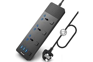 Necomi Extension Lead with 3 USB Slots | 5 Meter Cable Cord Power Strip, 3 Way Universal Socket | Smart Charging Station Hub, Individually Switched, Surge Protected, and Wall Mount UK Plug (Black)