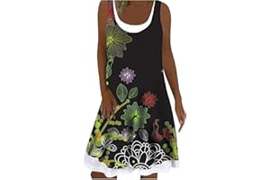 NNGOTD Robe Ete Femme Mi Longue Lin Boheme Chic Robe Maxi à imprimé Floral bohème pour Femmes, col Rond, sans Manches, Plage Fluide Robe Femme Ample Fluide Robe Femme Ete Mi Longue Robe Mi Longue Femme